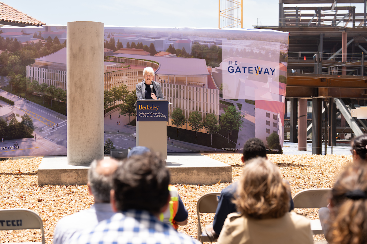 Carol Christ speaks at the Gateway building "topping out" ceremony.