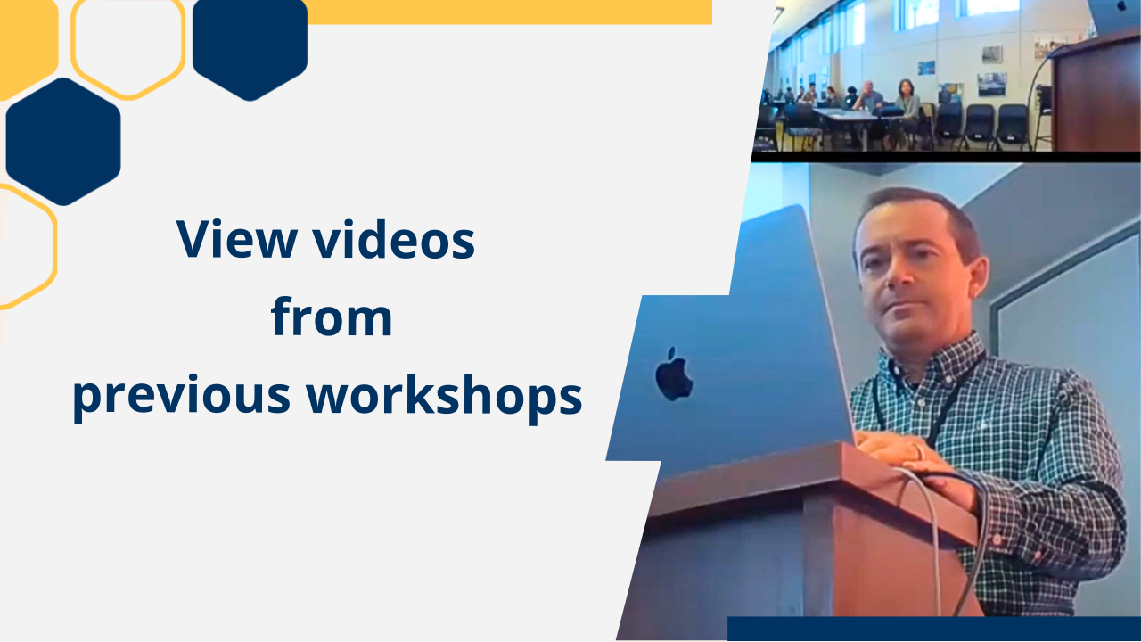 Text: View videos from previous workshop. Image: presenter at lectern