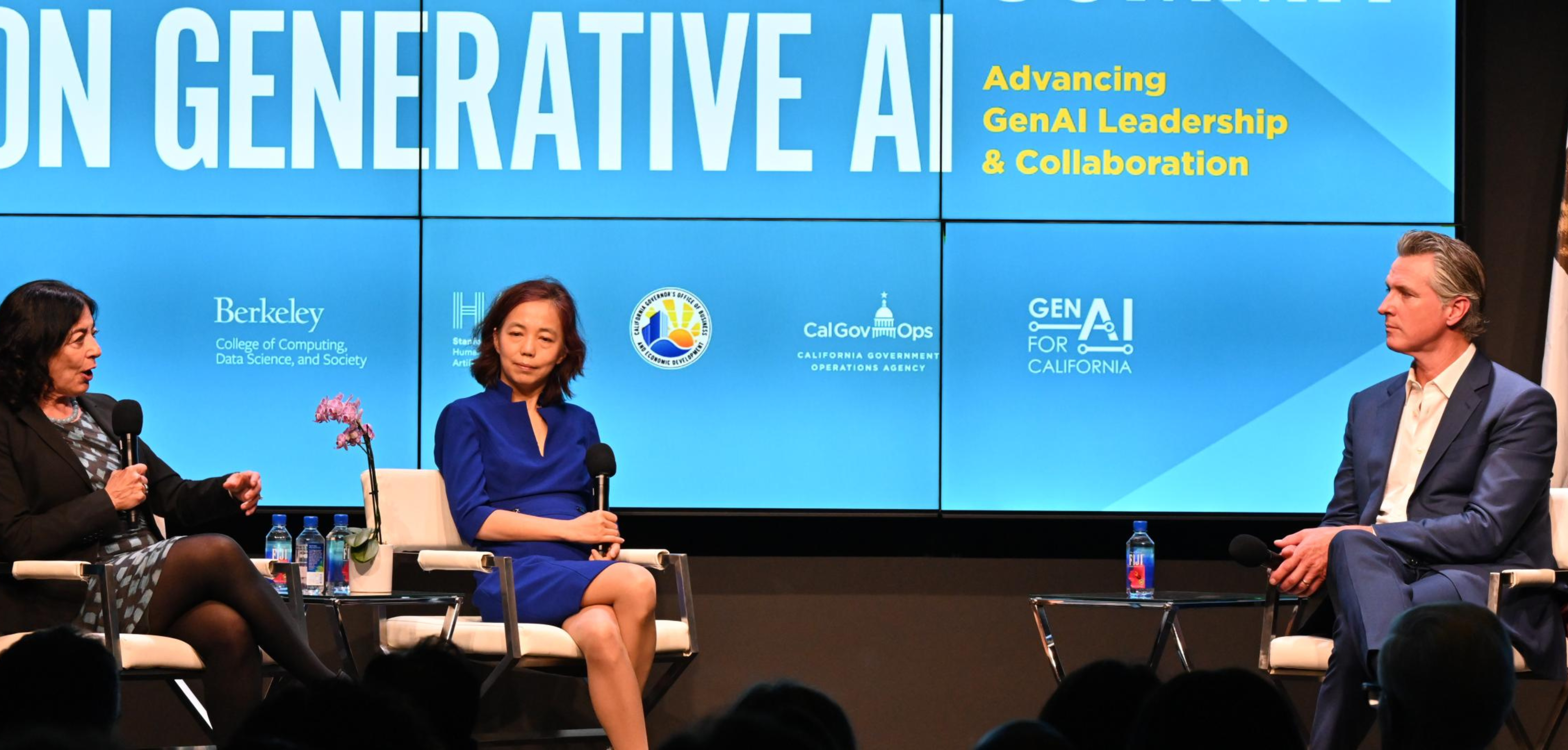 California Gov. Gavin Newsom speaks with UC Berkeley College of Computing, Data Science, and Society Jennifer Chayes and Stanford Institute for Human-Centered Artificial Intelligence Co-Director Fei-Fei Li about artificial intelligence.