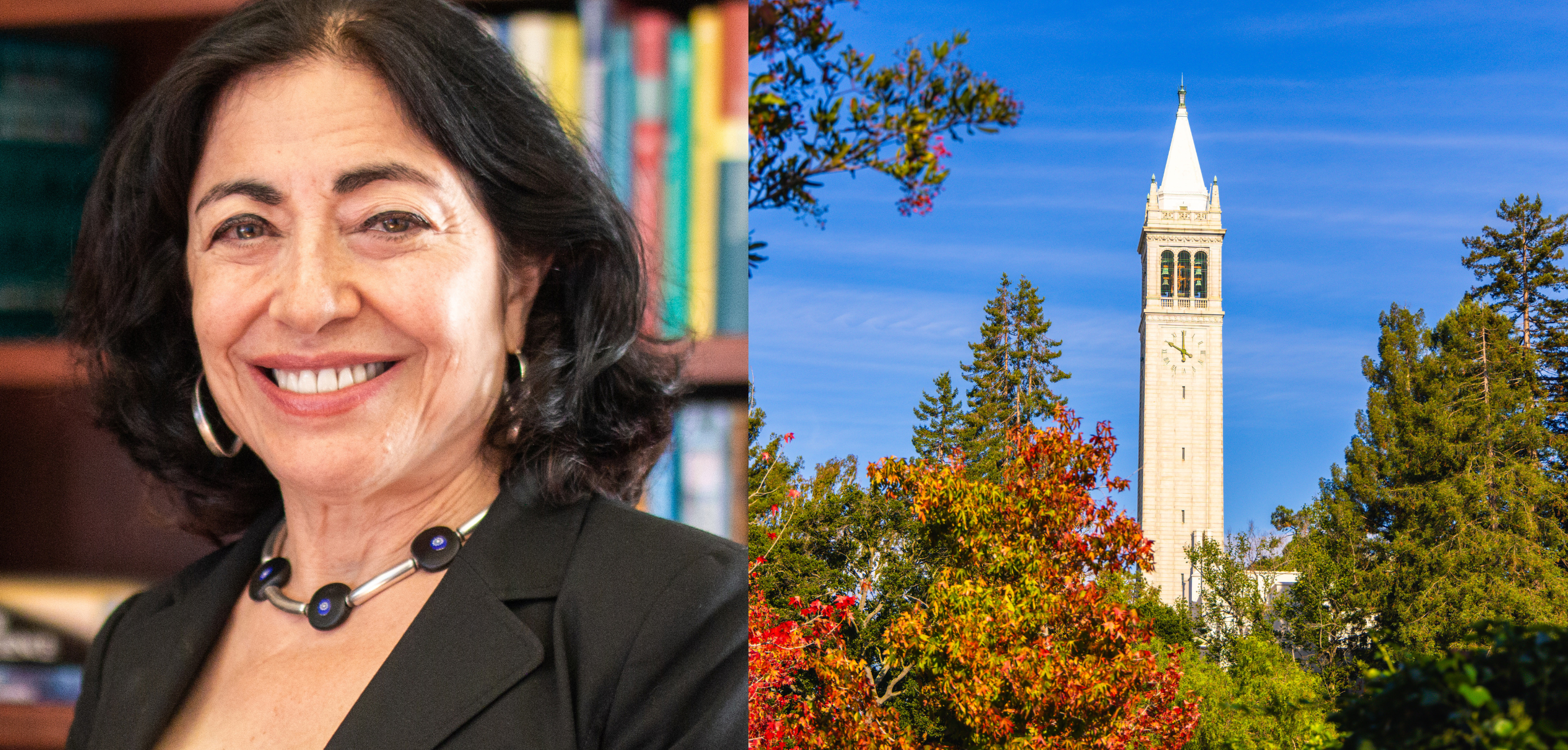 Headshot image of Jennifer Chayes and the Berkeley Campanile