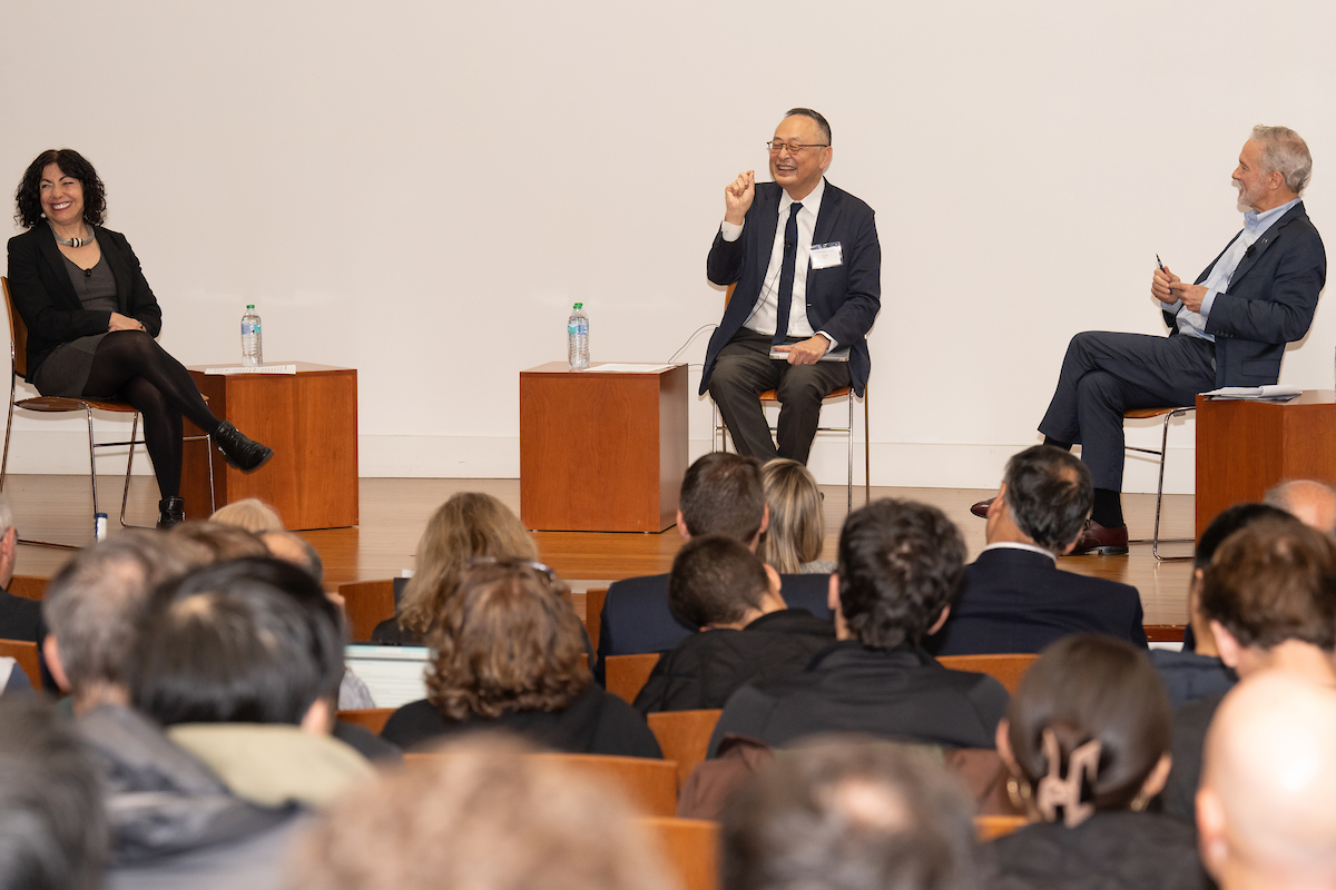 Gerald chan lecture on stage with Chan, Dean Jennifer Chayes, and Chancellor Rich Lyons