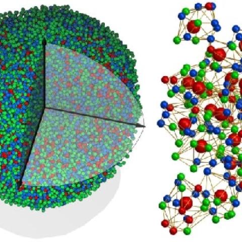Schematic of electron microscopy with green, blue, and red atoms
