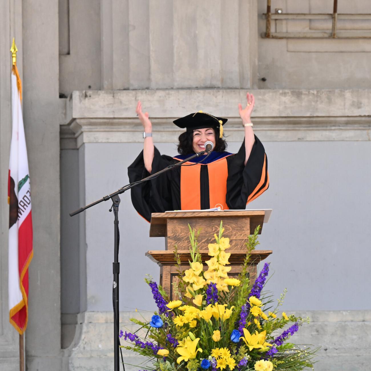 Jennifer Chayes applauds graduates during the CDSS commencement ceremonies