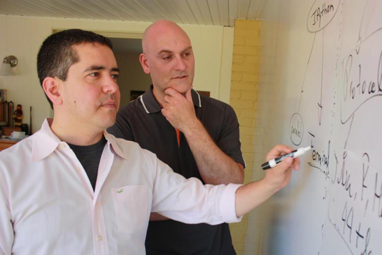 people working on a white board