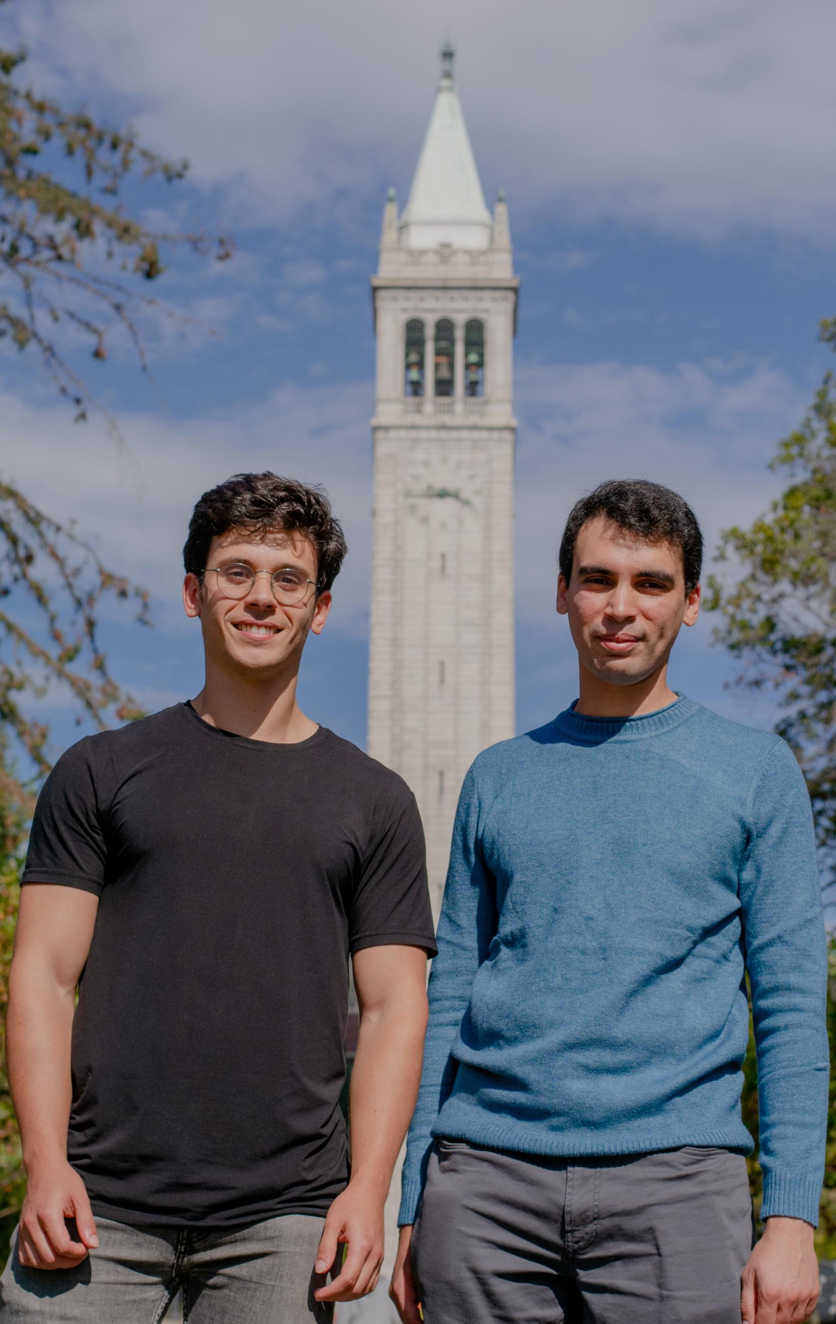 Adam Yala and Ahmed Alaa in front of Sather Tower. (Photo/ Michelle Tran/Berkeley Computing, Data Science, and Society)