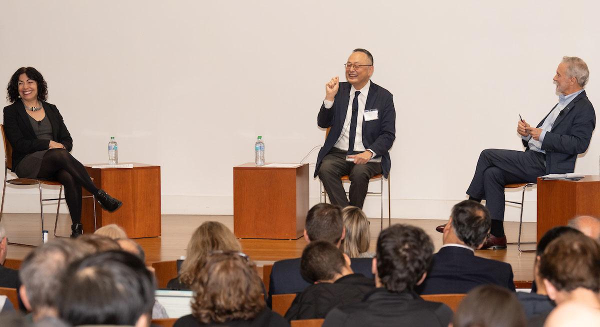 Gerald chan lecture on stage with Chan, Dean Jennifer Chayes, and Chancellor Rich Lyons