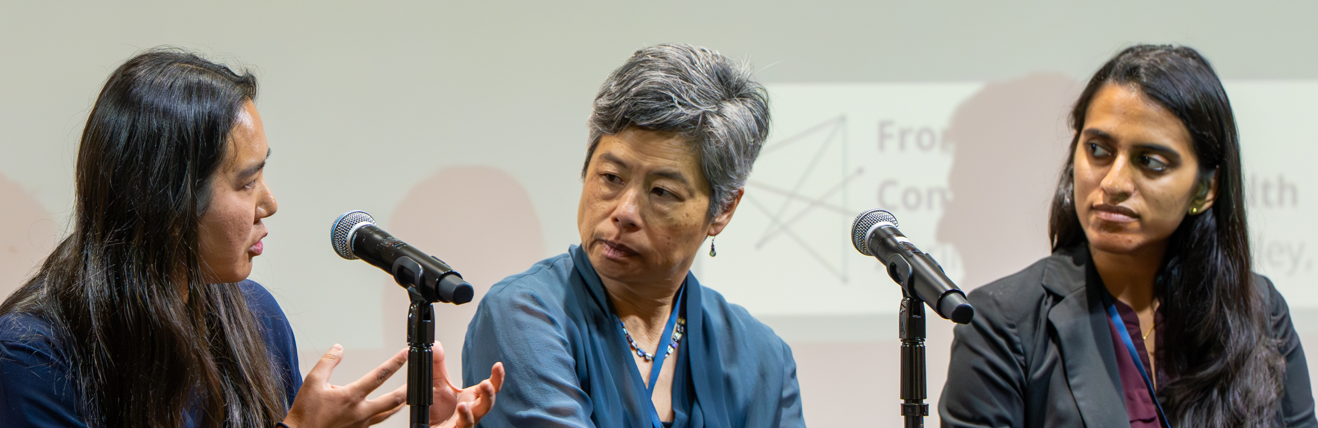 Serina Chang, Ida Sim, and Sandya Subramanian at a panel discussion