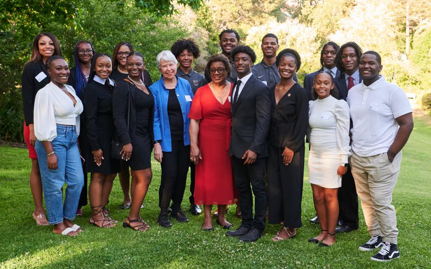 Chancellor Christ (center left) and President Morris (center right) with the Tuskegee Scholars at the Berkeley-Tuskegee Data Science Initiative Reception at University House on June 21, 2022. (Photo/ KLCfotos)